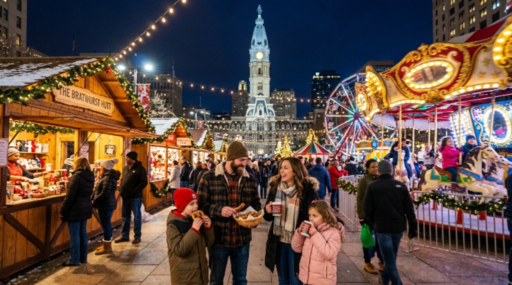 Families enjoying food and rides at the Christmas Village holiday market in Center City Philadelphia