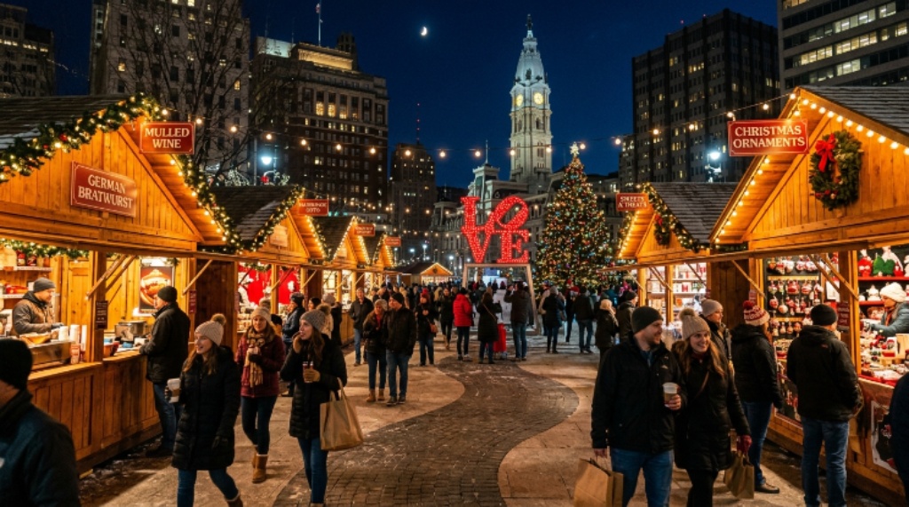 Festive wooden vendor booths lit up at night during Christmas Village 2026 at LOVE Park in Philadelphia