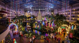 Millions of colorful Christmas lights decorating the indoor atrium at Gaylord Opryland Resort during the 2026 holiday season