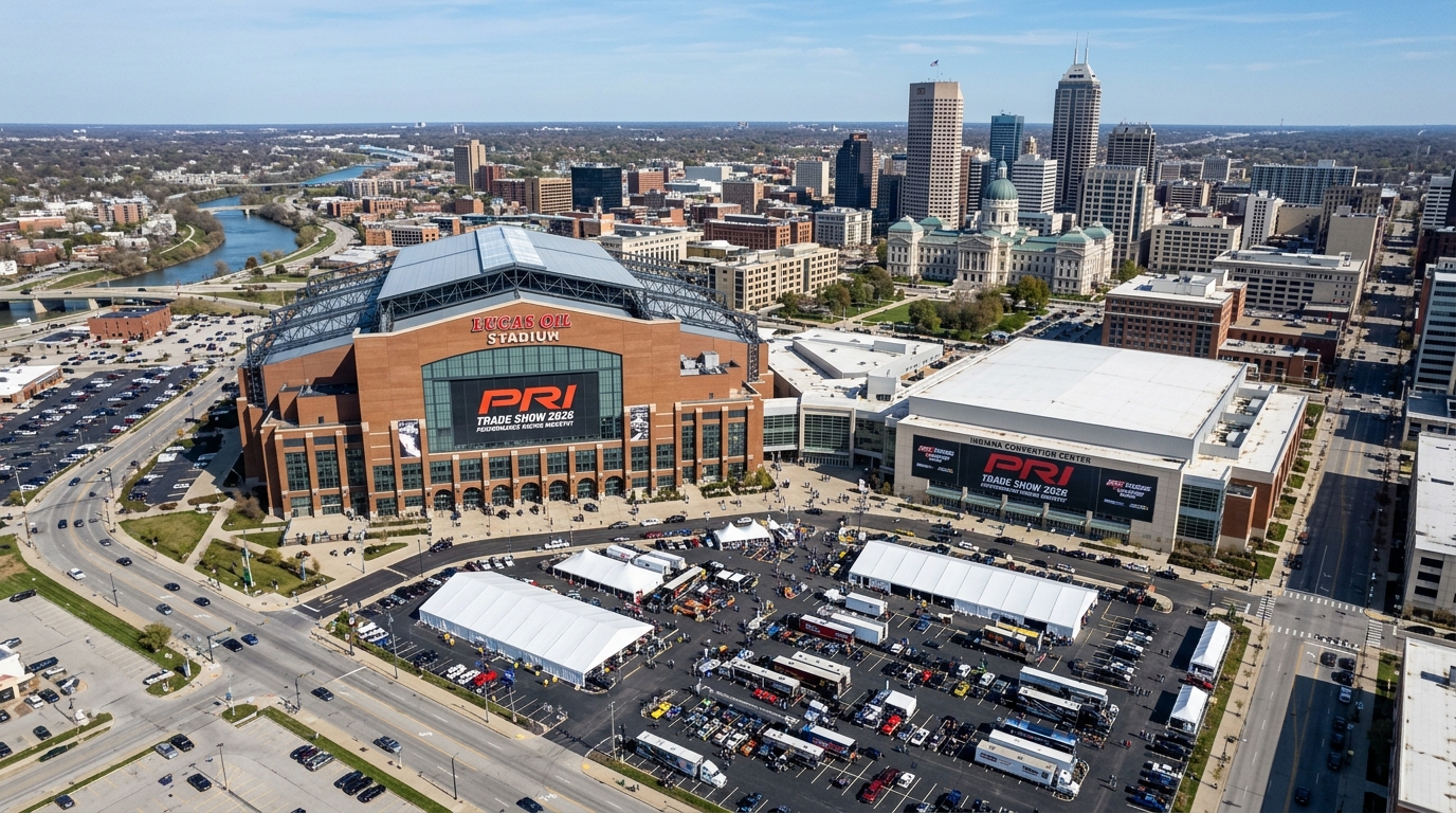 Aerial view of Lucas Oil Stadium and Indiana Convention Center venue for PRI Trade Show 2026