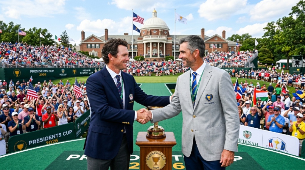 US team captain Brandt Snedeker and International team captain Geoff Ogilvy shaking hands at the Presidents Cup 2026 opening ceremony at Medinah Country Club