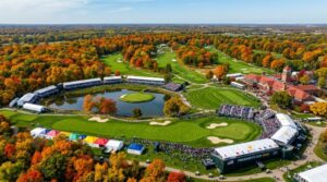 Aerial view of Medinah Country Club Course No. 3 in Illinois surrounded by autumn foliage, set up for the Presidents Cup 2026 competition