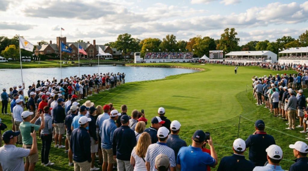 Golf fans lining the fairway beside Lake Kadijah at Medinah Country Club during the Presidents Cup 2026 singles matches on Sunday, September 27