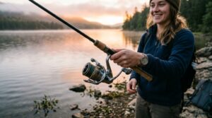 Beginner angler holding a spinning fishing rod combo by a lake.