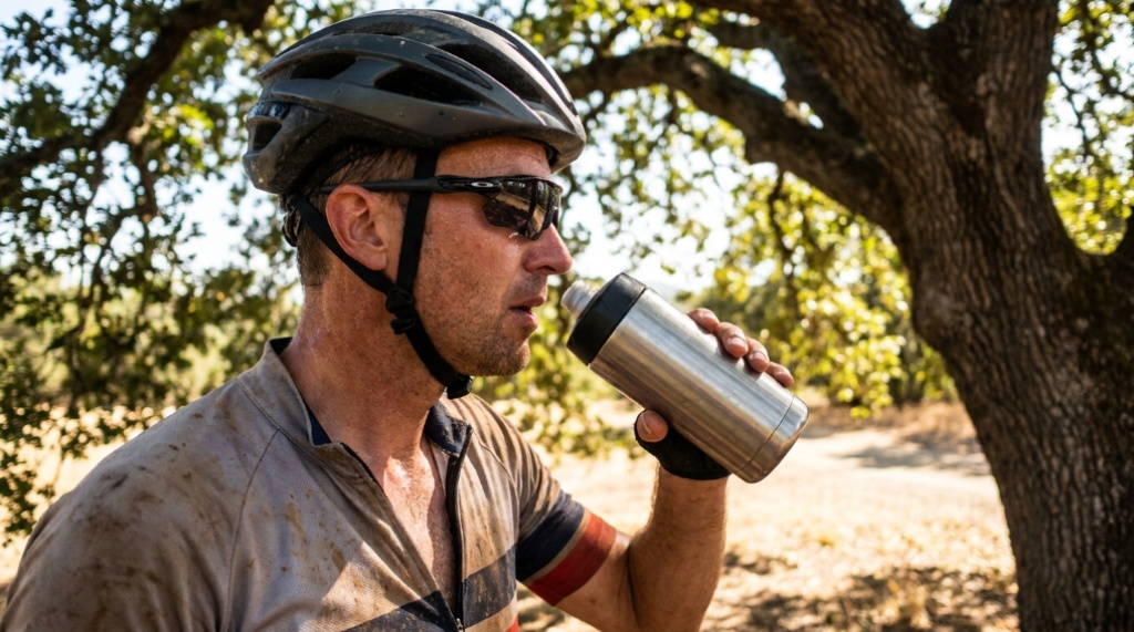 Cyclist pausing in shade to drink water from a bottle during hot weather.