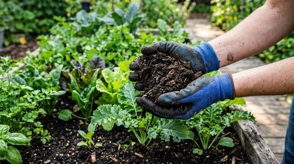 Gardener mixing finished compost into raised garden bed soil.