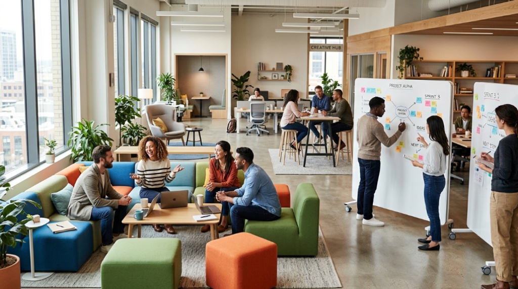 Colleagues using modular furniture and laptops during a collaborative standing meeting.