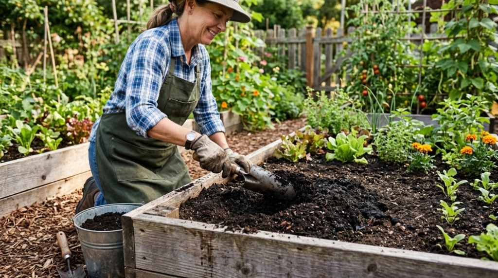 Hands holding rich finished compost over a vegetable garden bed.