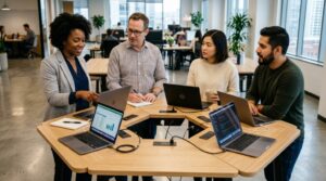 Diverse team brainstorming around a mobile whiteboard in a bright modern office.