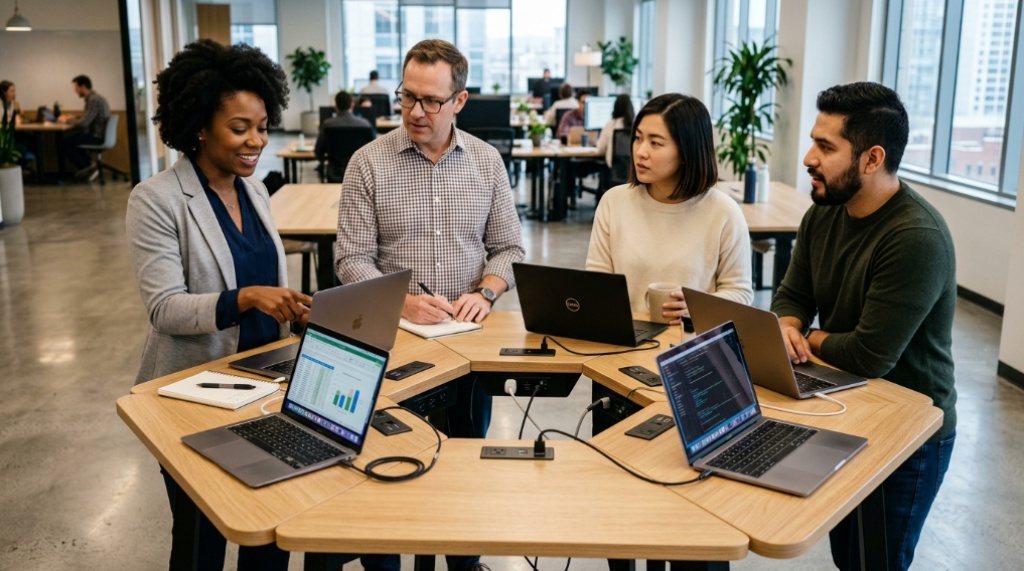 Diverse team brainstorming around a mobile whiteboard in a bright modern office.