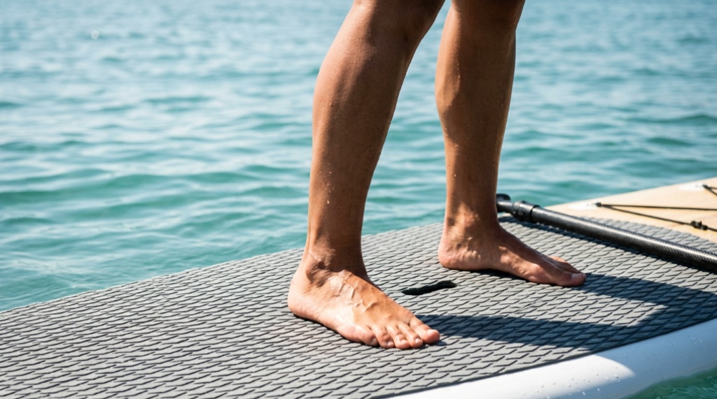 Close-up of paddleboarder feet demonstrating stability and balance on a board.