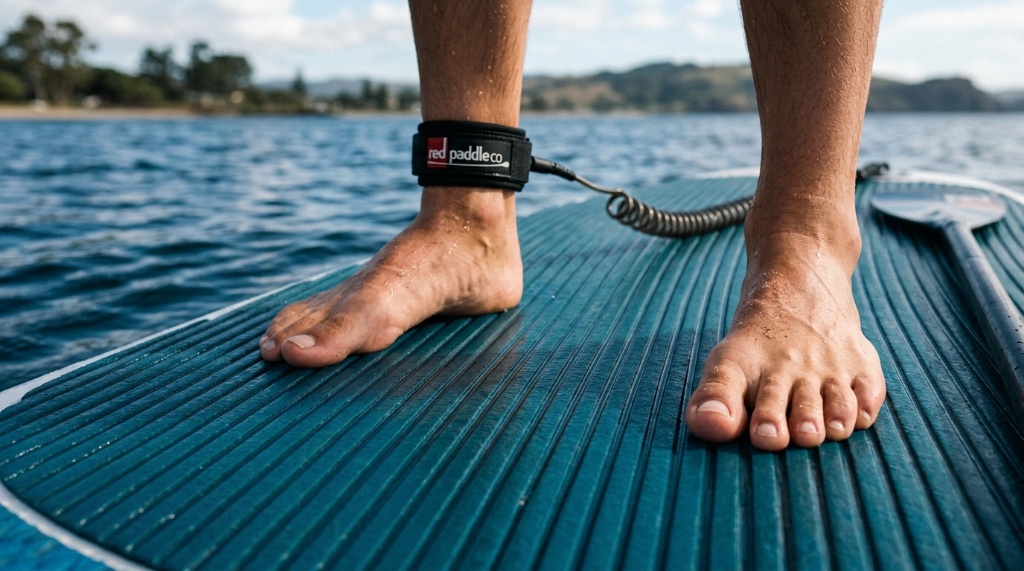 Paddleboarder maintaining a stable wide stance on calm water