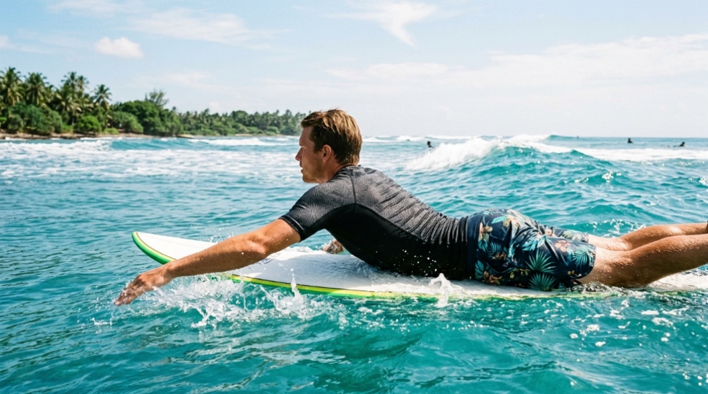 Surfer wearing a rash guard paddling out in tropical waves.