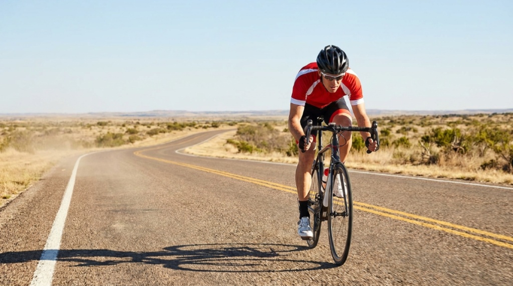 Cyclist riding a road bike on a sunlit highway during a hot Texas afternoon.