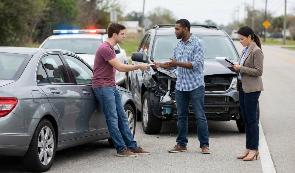 Driver checking a damaged car after a collision and calling for help