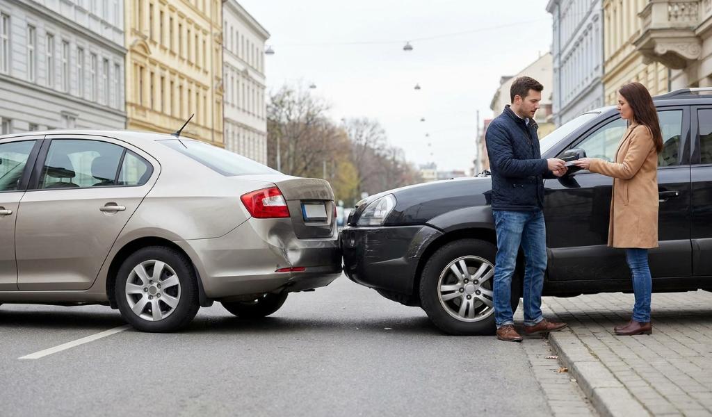 Driver photographing vehicle damage at a car accident scene with a phone