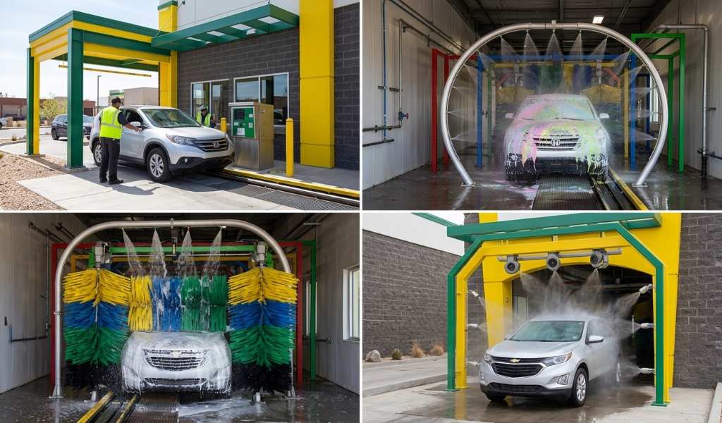 High-powered blowers drying a vehicle at tunnel exit