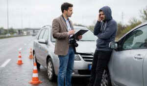 Injured driver on the phone with an insurance adjuster at home