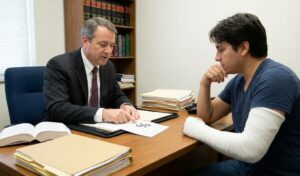 Lawyer explaining a contingency fee agreement to an injured client