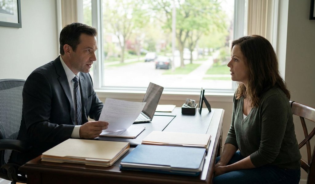 Lawyer reviewing medical records and accident photos at a desk
