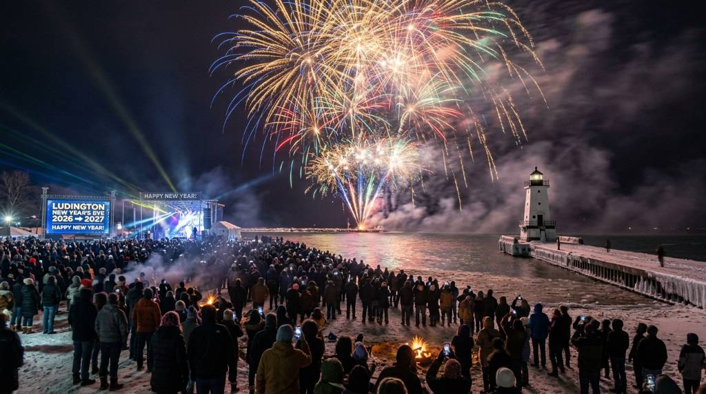 Fireworks over Lake Michigan during the Ludington New Year's Eve 2026 to 2027 countdown event