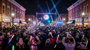 Crowds gathering in downtown Ludington Michigan for the New Year's Eve ball drop celebration at midnight