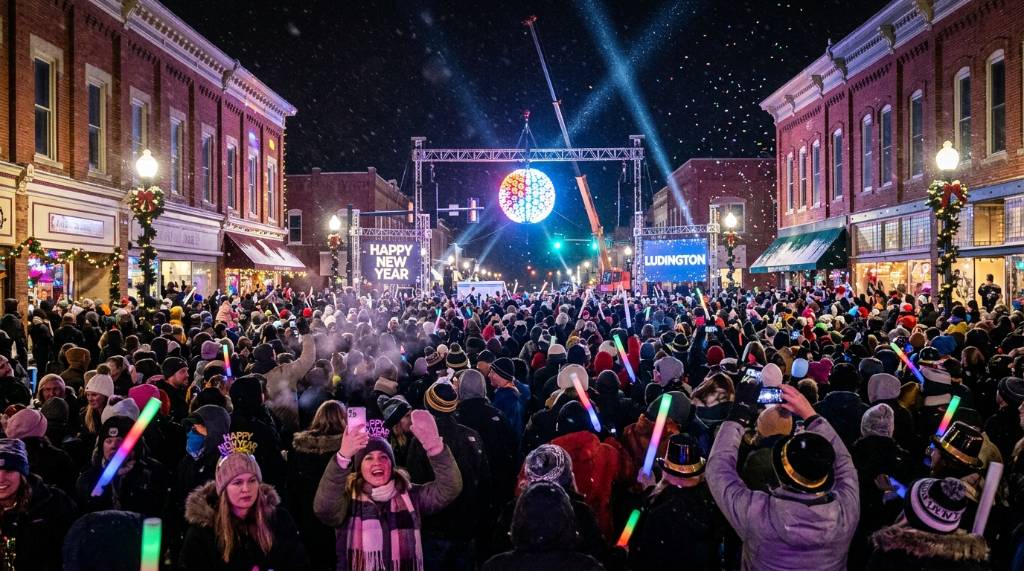 Crowds gathering in downtown Ludington Michigan for the New Year's Eve ball drop celebration at midnight