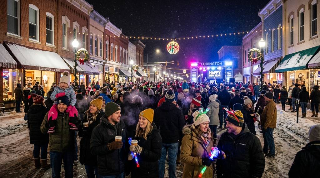 Families and visitors enjoying winter festivities at the Ludington New Year's Eve celebration in downtown Michigan