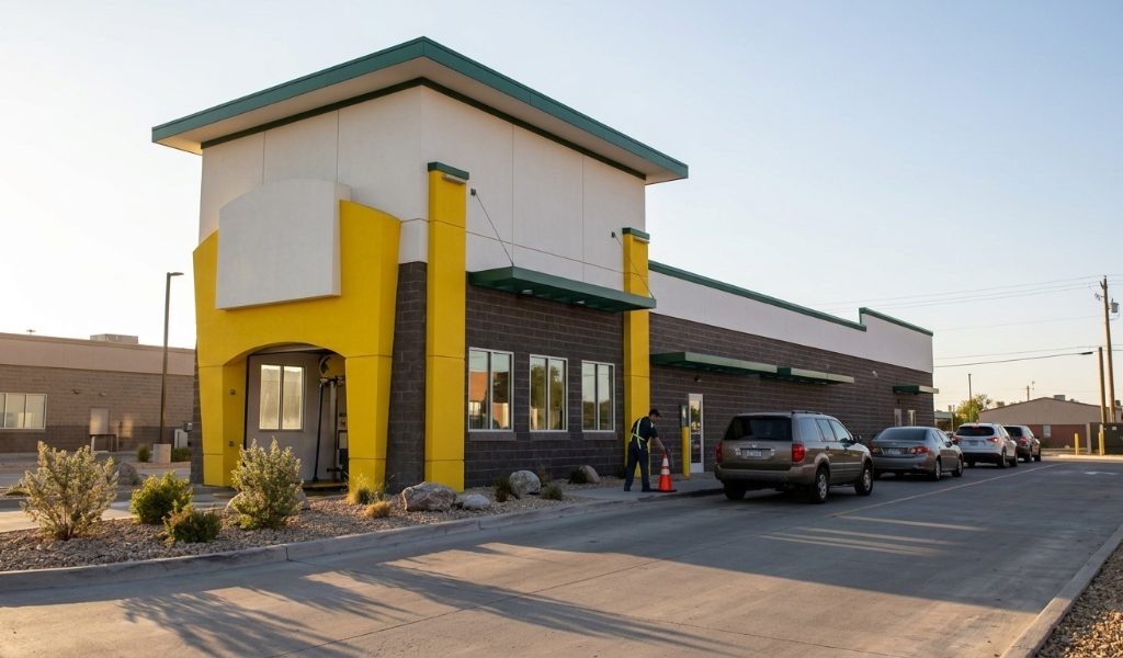 Quick Quack car wash storefront at opening time