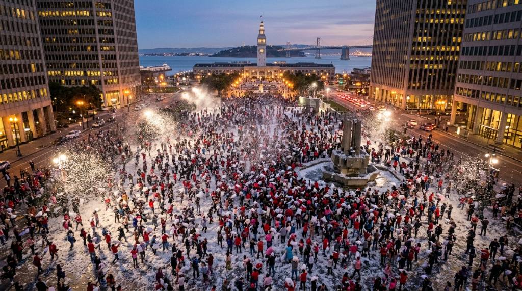 Aerial view of Justin Herman Plaza filled with Valentine's Day pillow fight participants surrounded by white feathers at dusk