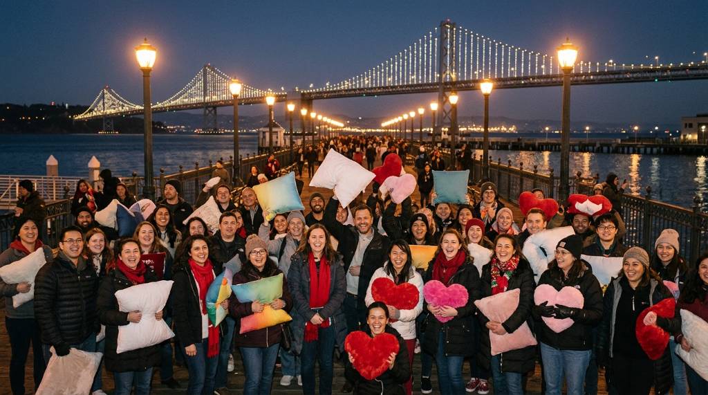 A group of smiling participants holding soft pillows at the Embarcadero waterfront in San Francisco on Valentine's Day evening