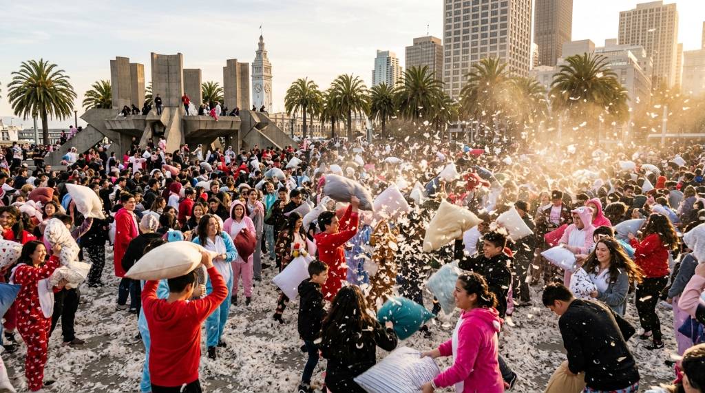 Thousands of people participate in the San Francisco Valentine's Day Pillow Fight at Justin Herman Plaza with feathers flying in the air