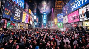 Times Square New Year's Eve 2027 ball drop surrounded by thousands of cheering spectators at midnight