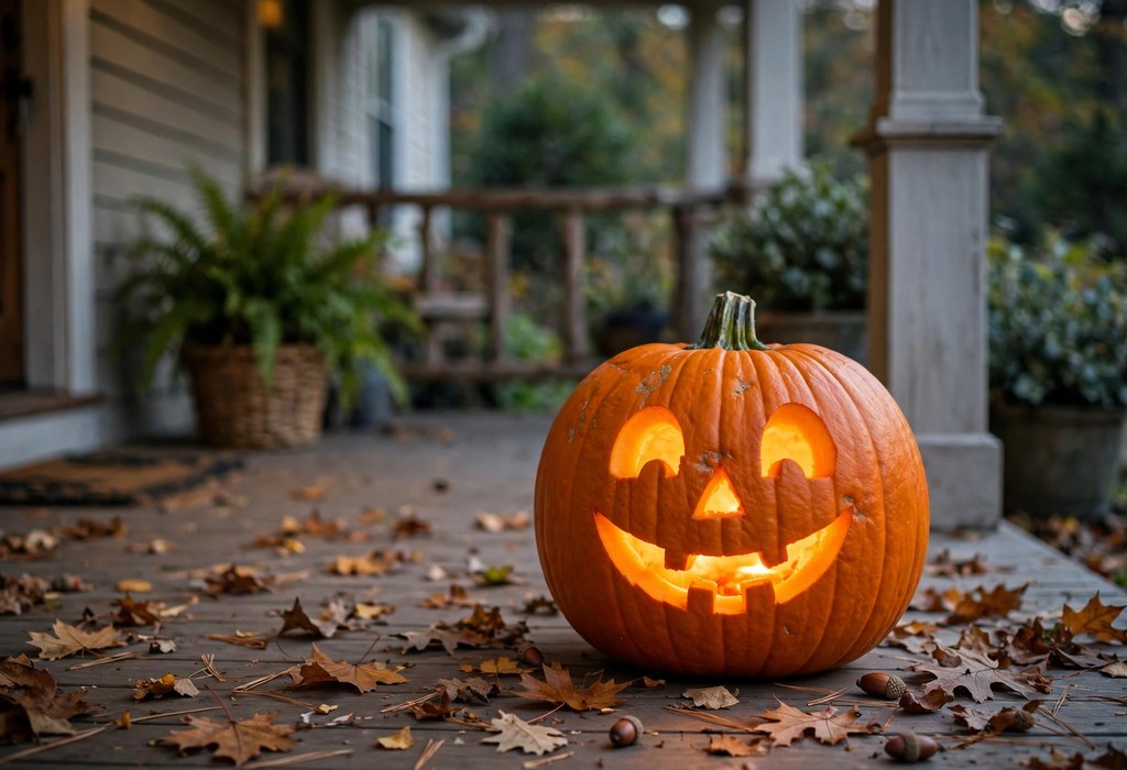 Carved jack-o'-lantern with a smiling face glowing on a shaded front porch