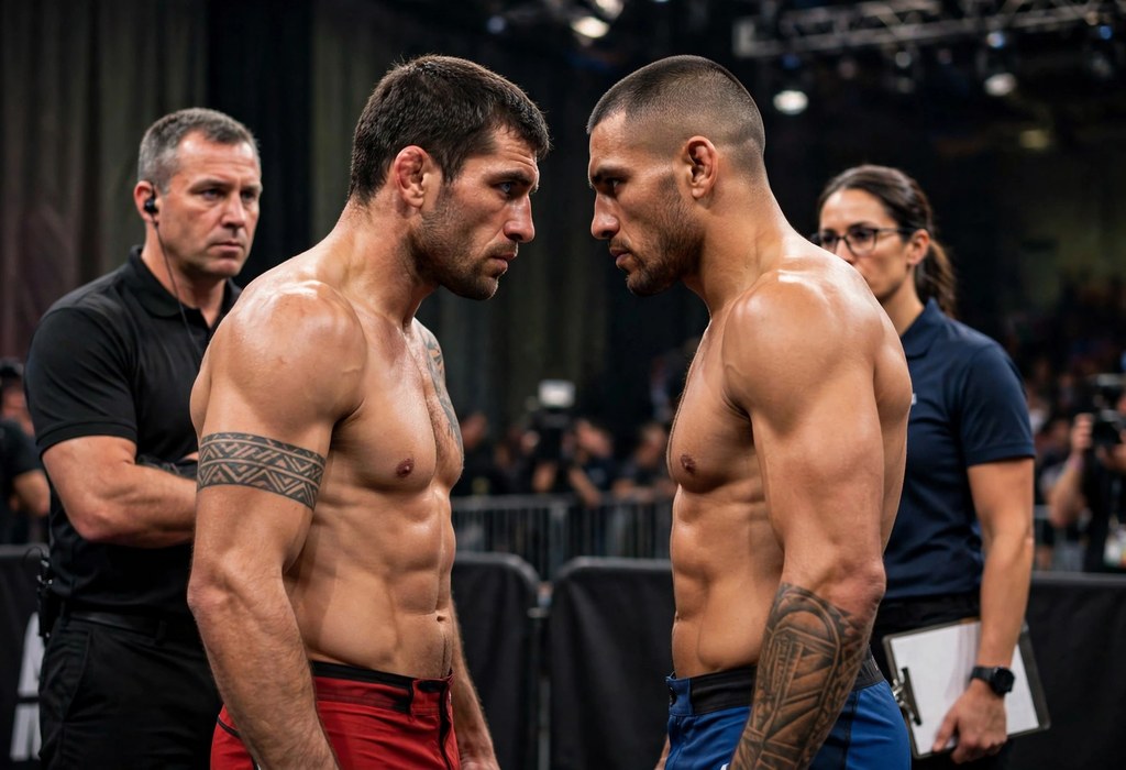 Charles Oliveira and Diego Lopes facing off at the UFC 335 weigh-ins