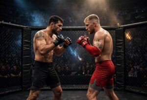 Charles Oliveira and Diego Lopes facing off before the UFC 335 main event