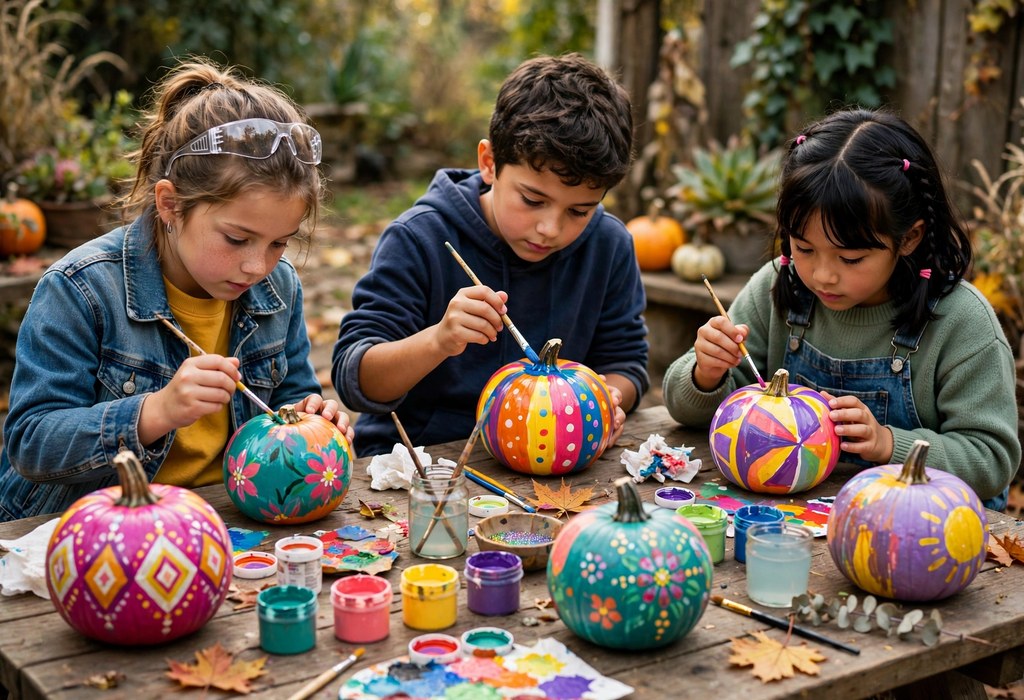 Children painting colorful no-carve pumpkins with bright acrylic designs