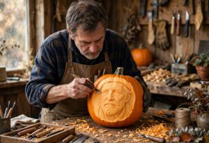 Experienced carver shading a detailed pumpkin portrait with a loop tool