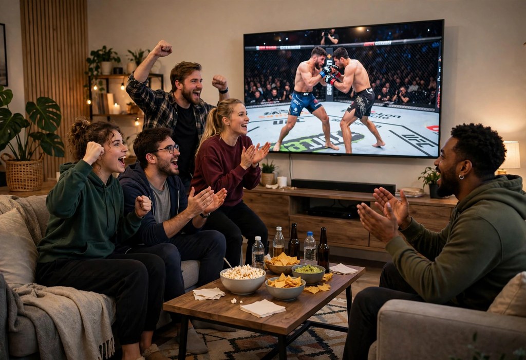 Fans watching UFC 335 live on a television at home during the main card