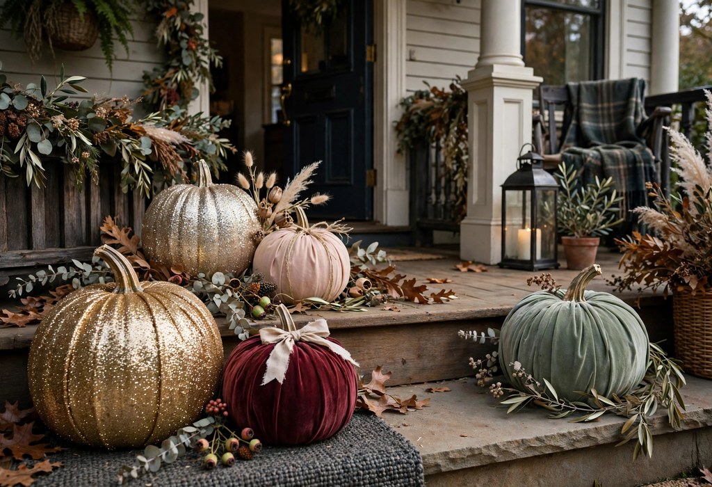 Glitter and fabric wrapped pumpkins arranged on a decorated front porch