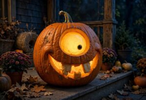 Goofy jack-o'-lantern with one huge eye and buck teeth glowing on porch