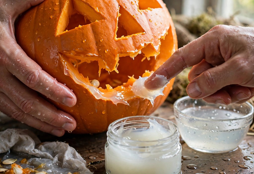 Hands sealing carved pumpkin edges with petroleum jelly after a bleach soak