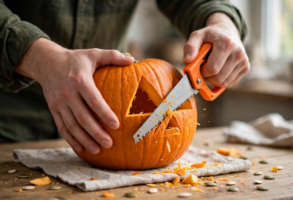 Hands using a serrated pumpkin carving saw to cut a jack-o'-lantern face safely on a table