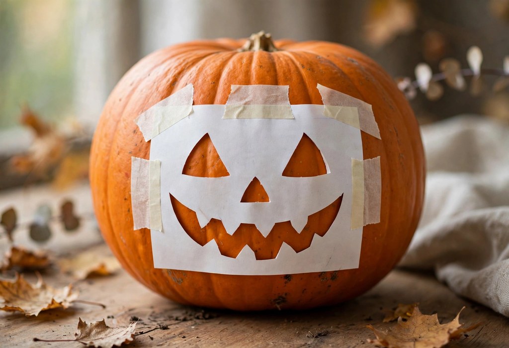 Printed jack-o'-lantern stencil taped onto a smooth orange pumpkin