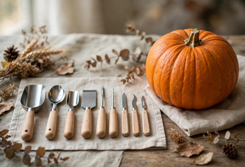Pumpkin carving kit tools including scoops, scrapers, pokers, and detail knives arranged neatly beside a pumpkin