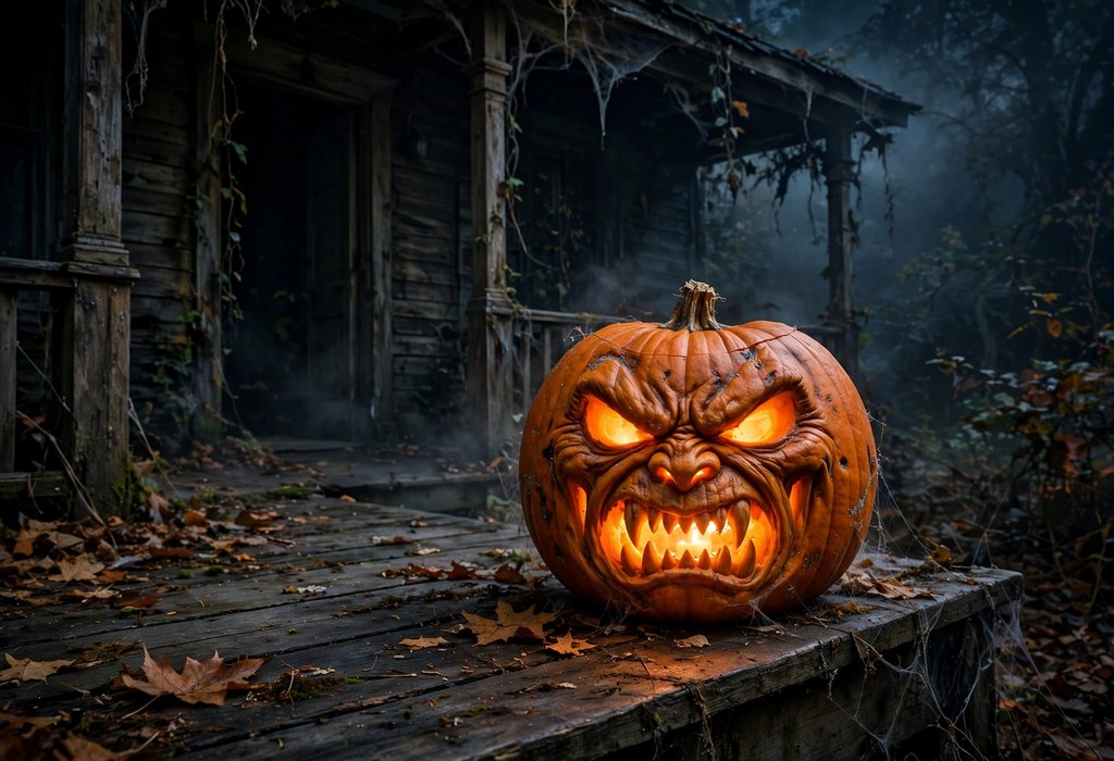 Scary jack-o'-lantern with snarling face glowing on haunted porch