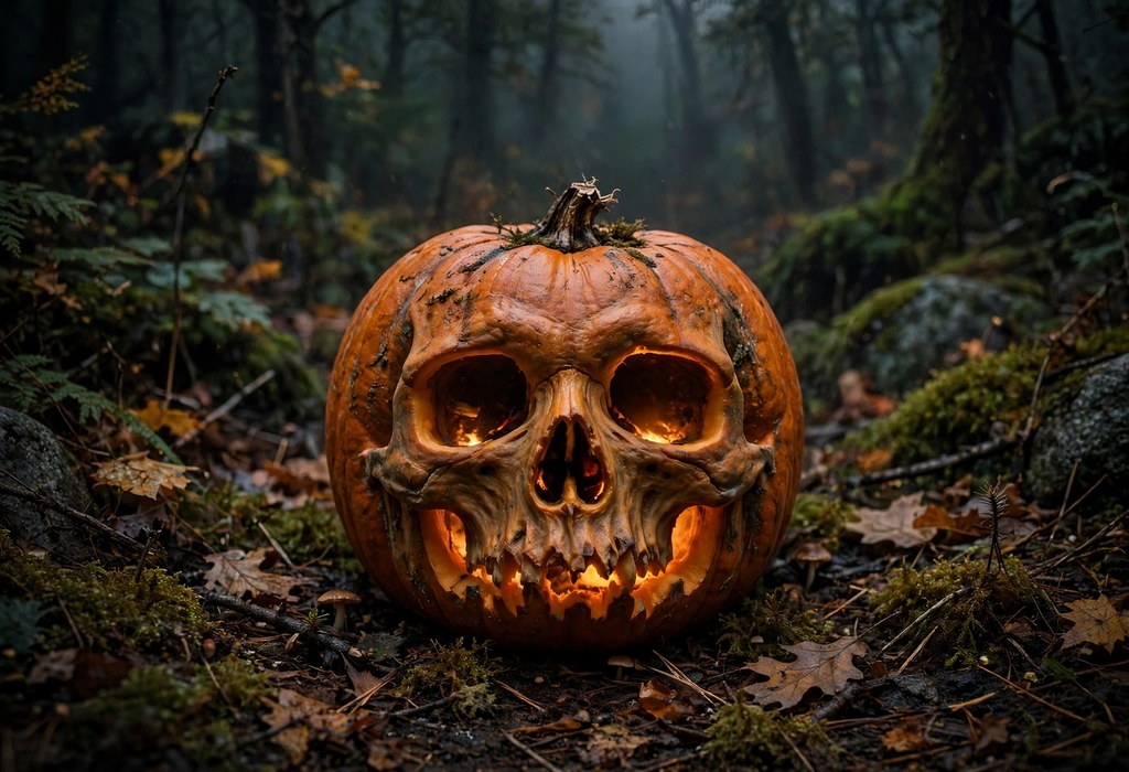 Skull pumpkin carving with hollow eyes and shaded cheekbones