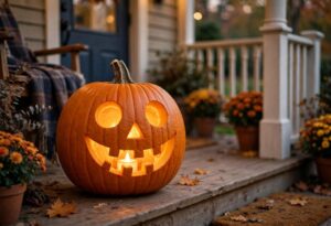 Smiling jack-o'-lantern with round eyes and toothy grin glowing safely with LED candle on family porch