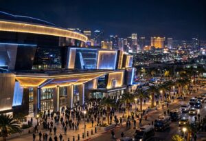 T-Mobile Arena exterior glowing at night before UFC 335