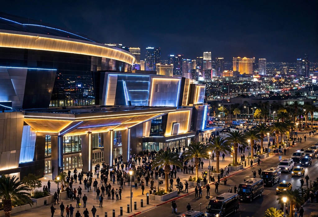 T-Mobile Arena exterior glowing at night before UFC 335
